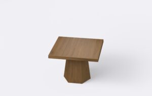 Kwadratowa ława do salonu na jednej nodze, dębowa, minimalistyczna, fornir naturalny.