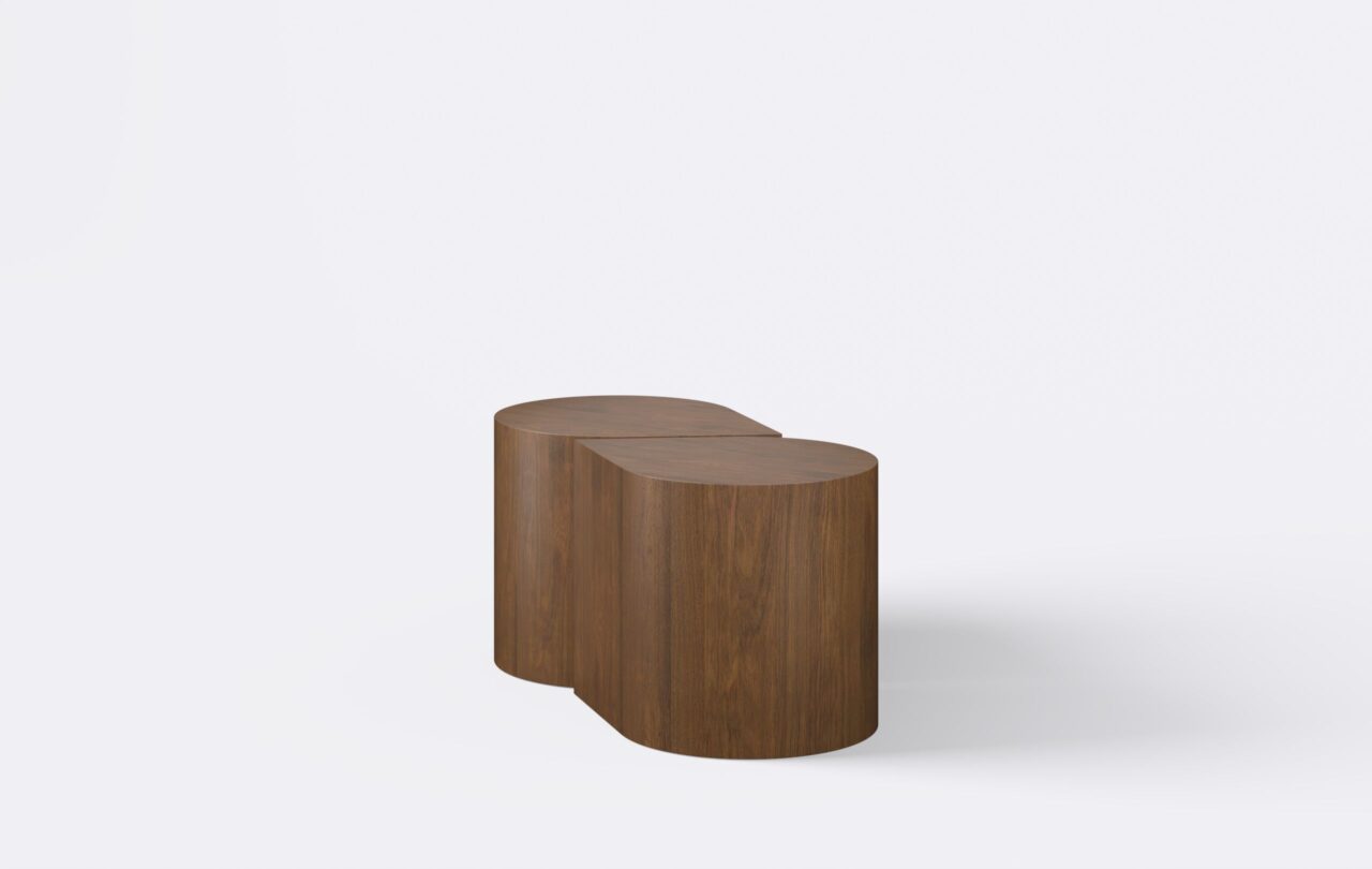 Stolik kawowy w kształcie łezki, naturalnych fornir dębowy, kolor brąz.