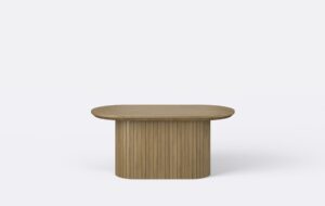 Podłużny stolik kawowy z naturalnego forniru, blat owalny, 100 cm, wysoki.
