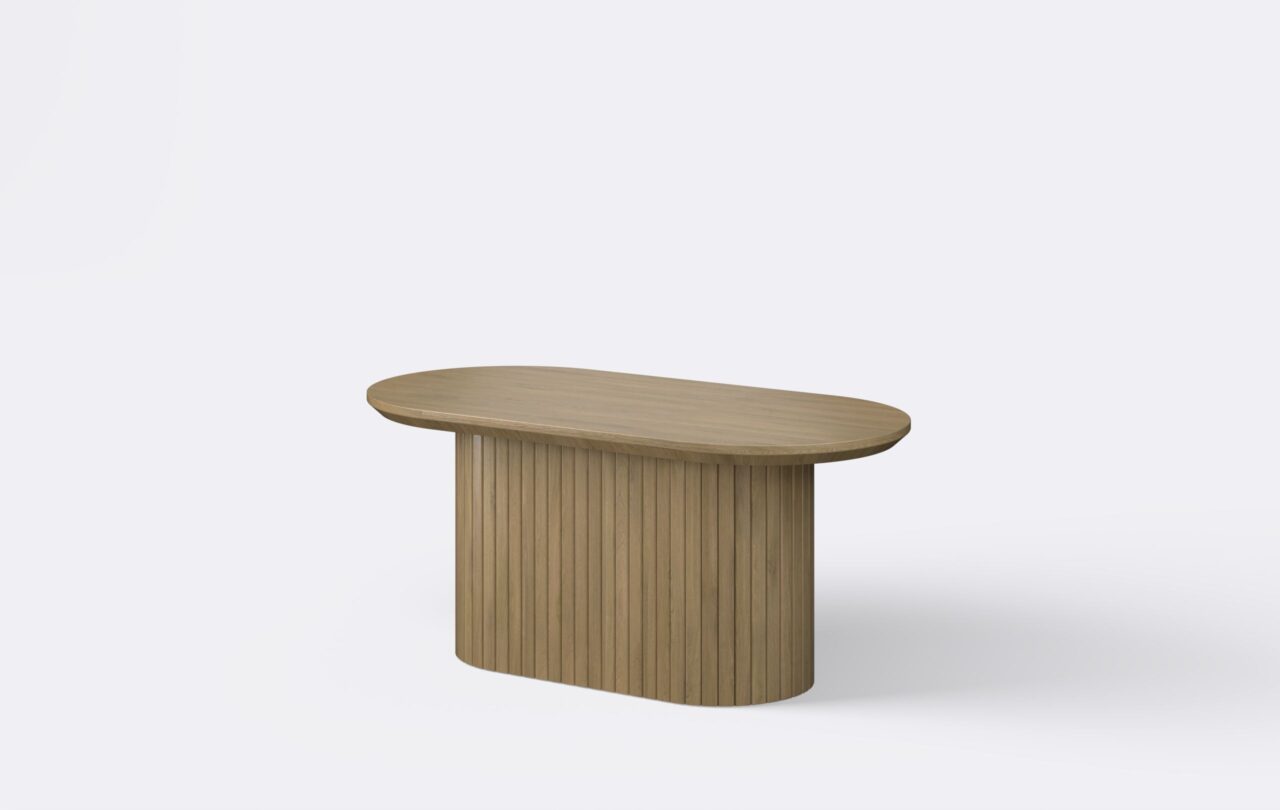Owalny stolik do salonu, fornir, w minimalistycznym stylu.