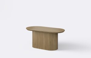 Owalny stolik do salonu, fornir, w minimalistycznym stylu.