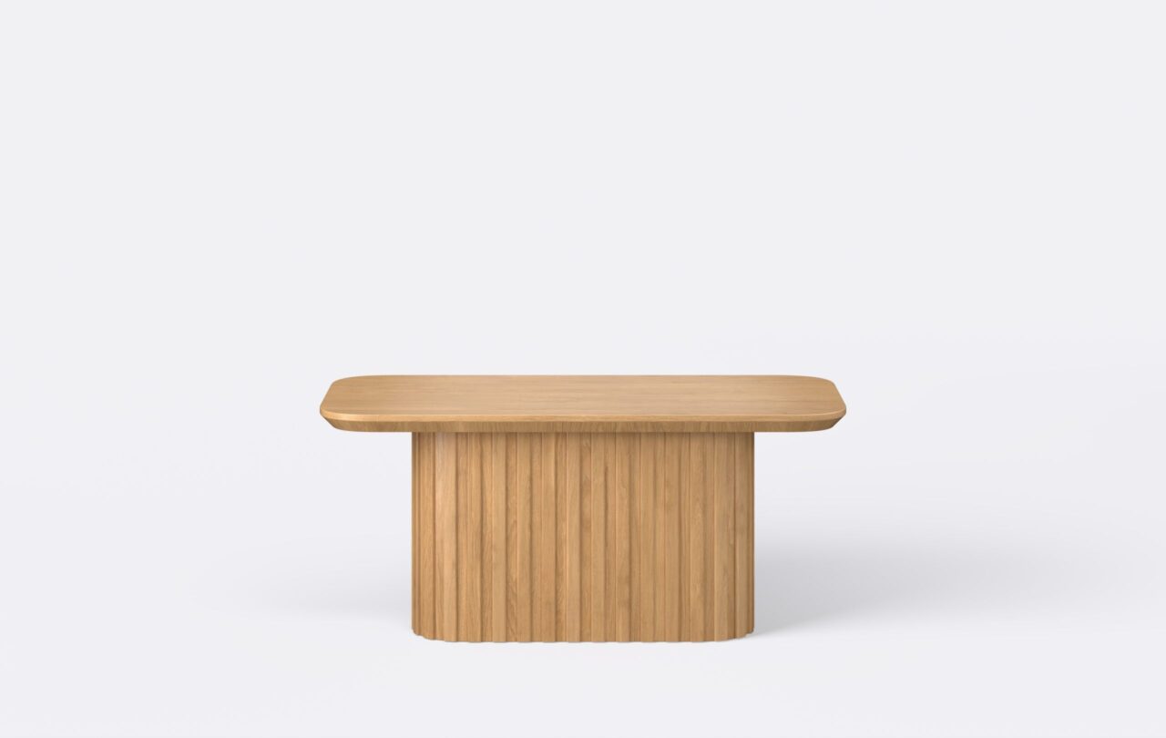 Nowoczesny stolik kawowy, prostokątny, z lamelami, wykonany z forniru, dębowy, ława prostokątną do salonu.