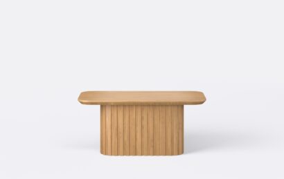 Nowoczesny stolik kawowy, prostokątny, z lamelami, wykonany z forniru, dębowy, ława prostokątną do salonu.