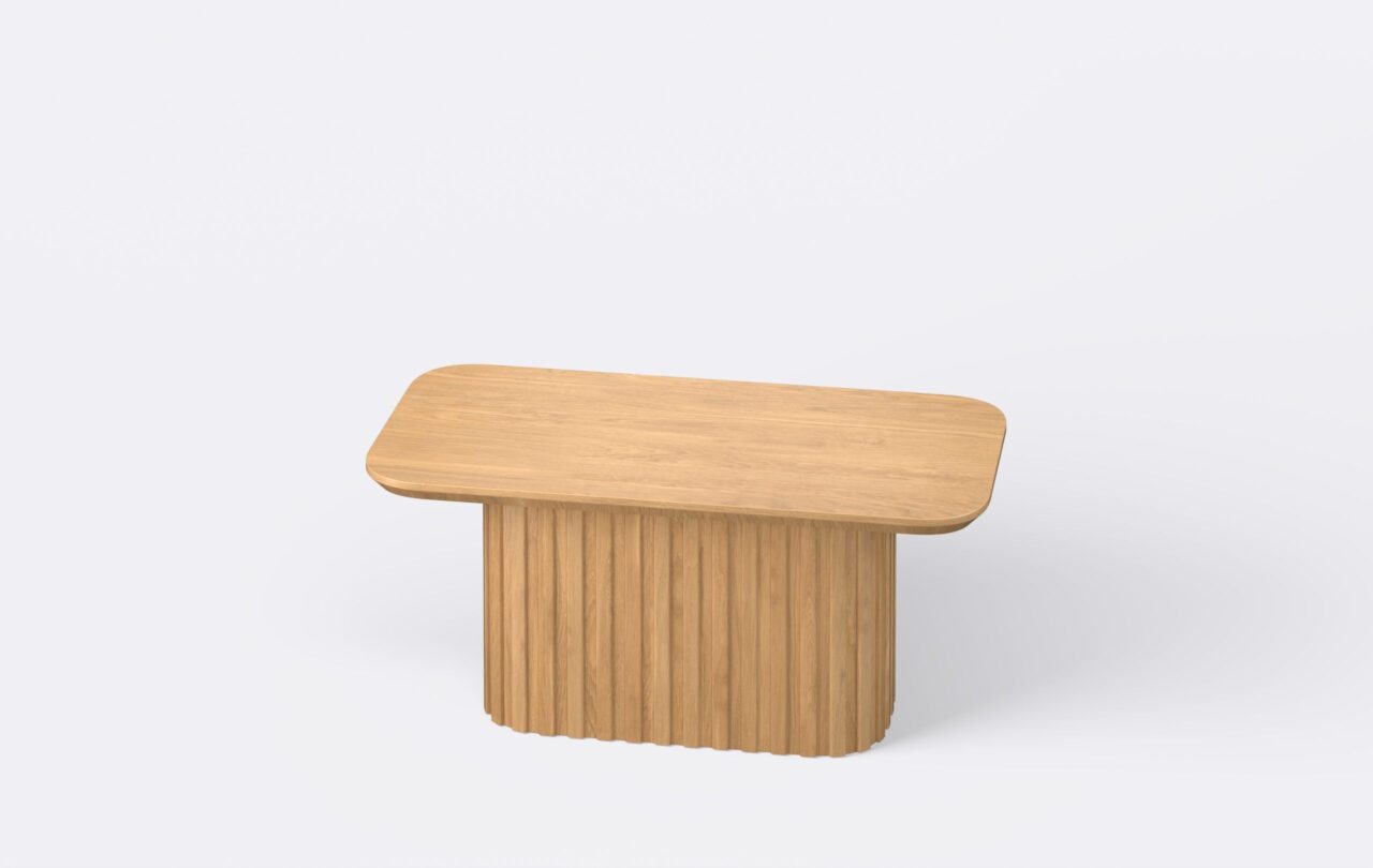 Stolik do salonu z dębowym blatem, nowoczesny, minimalistyczny design, w kolorystyce naturalnego dębu.