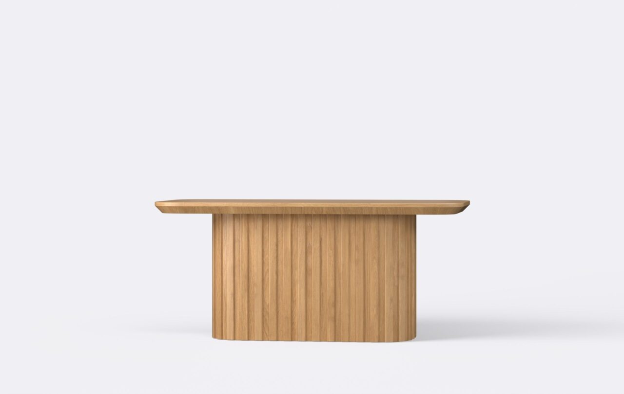 Dębowy stolik kawowy z naturalnego forniru, na podstawie, ryflowany, stolik kawowy boho.